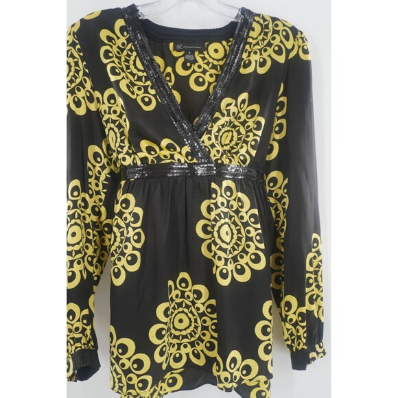 INC International Concepts Black Yellow 100% Silk Sequin V-Neck Blouse Size 8 - Picture 12 of 12
